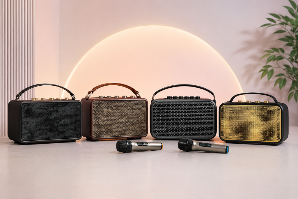 Several karaoke speaker models lined up side by side
