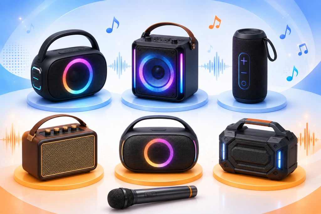 Các mẫu loa karaoke xách tay đặt cạnh nhau cùng micro không dây