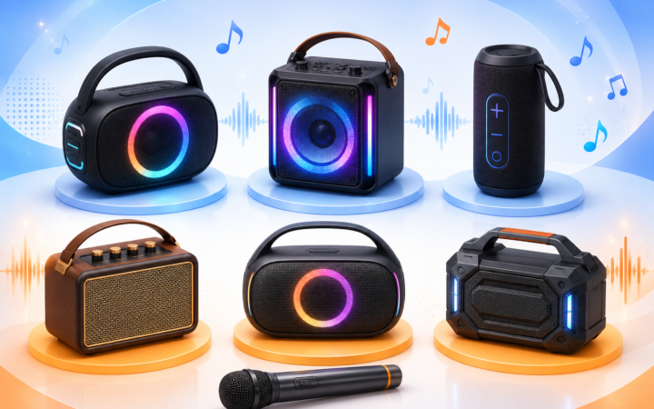 Các mẫu loa karaoke xách tay đặt cạnh nhau cùng micro không dây